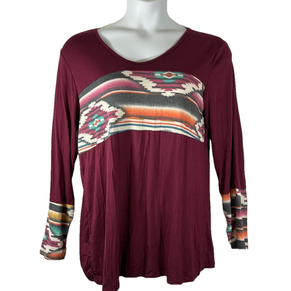 Chic Soul Burgundy Aztec Color Block Long Sleeved Scoop Neck Shirt SKU0489